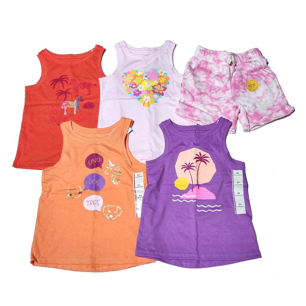 3T Girls Tank Tops - 4 Shirts & Pink Shorts Sleeveless Cat & Jack Flower Unicorn